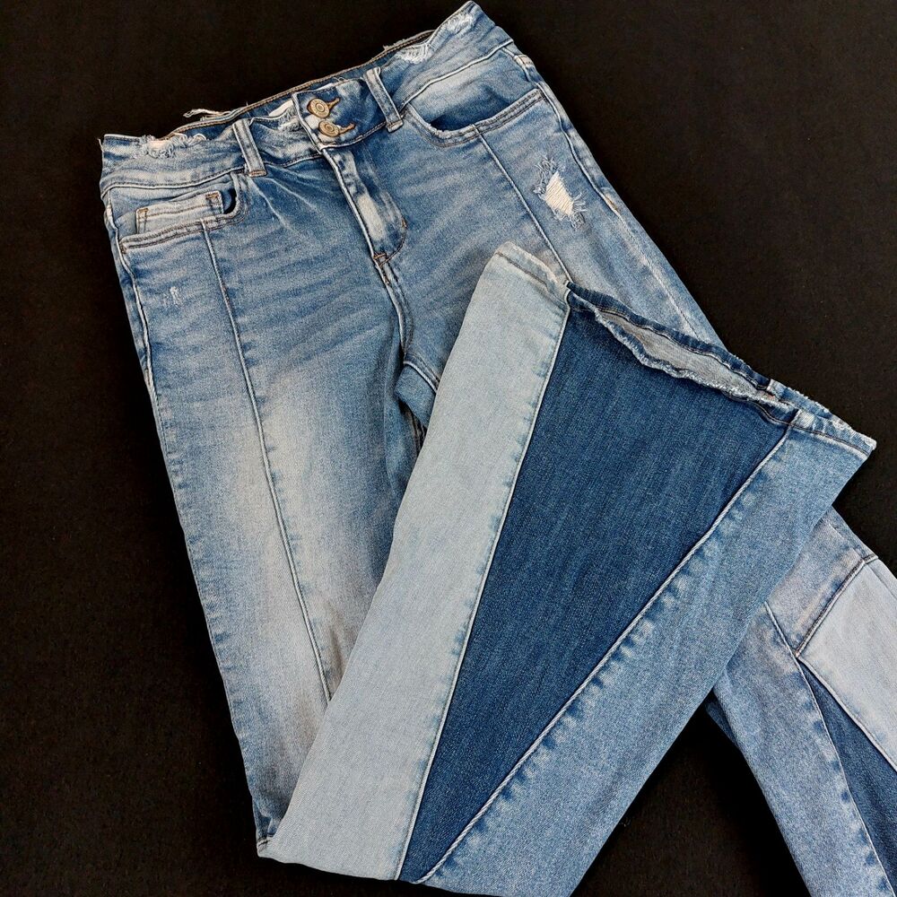 Bridge by Gly High Rise Super Flare Patch Jeans Women's Size 26 (Fit 27x30.5)
